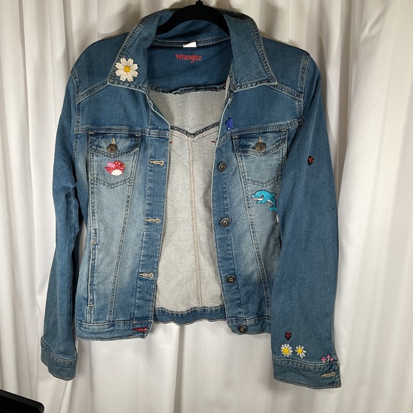 Wrangler Denim Jacket Y2K Womens Med Patches Embroidery Boho Stretch Retro Hippy - Picture 1 of 9